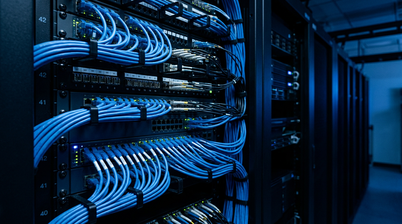 Organized network cables inside a server rack